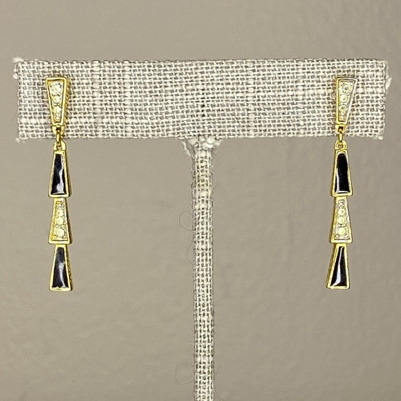 VTG Nina Ricci Goldtone Metal, Black Lacquer, and Rhinestones Dangle Earrings - Picture 2 of 6